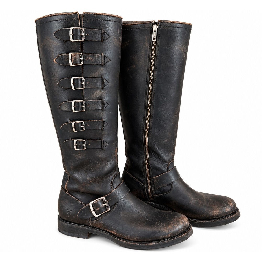 Frye Womens Size 7 Black Leather Tall Boots Multi Buckle Moto Engineer...